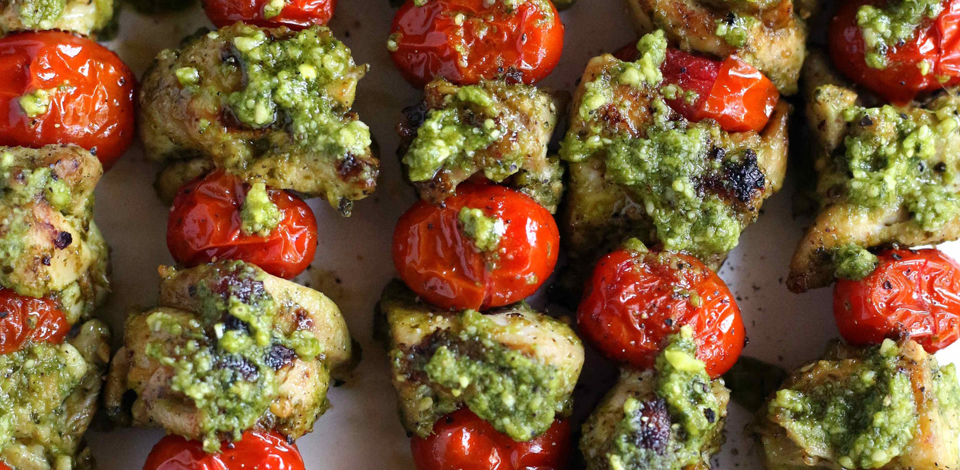 Chicken skewers with Almond & Basil pesto