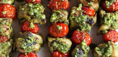 Chicken skewers with Almond & Basil pesto